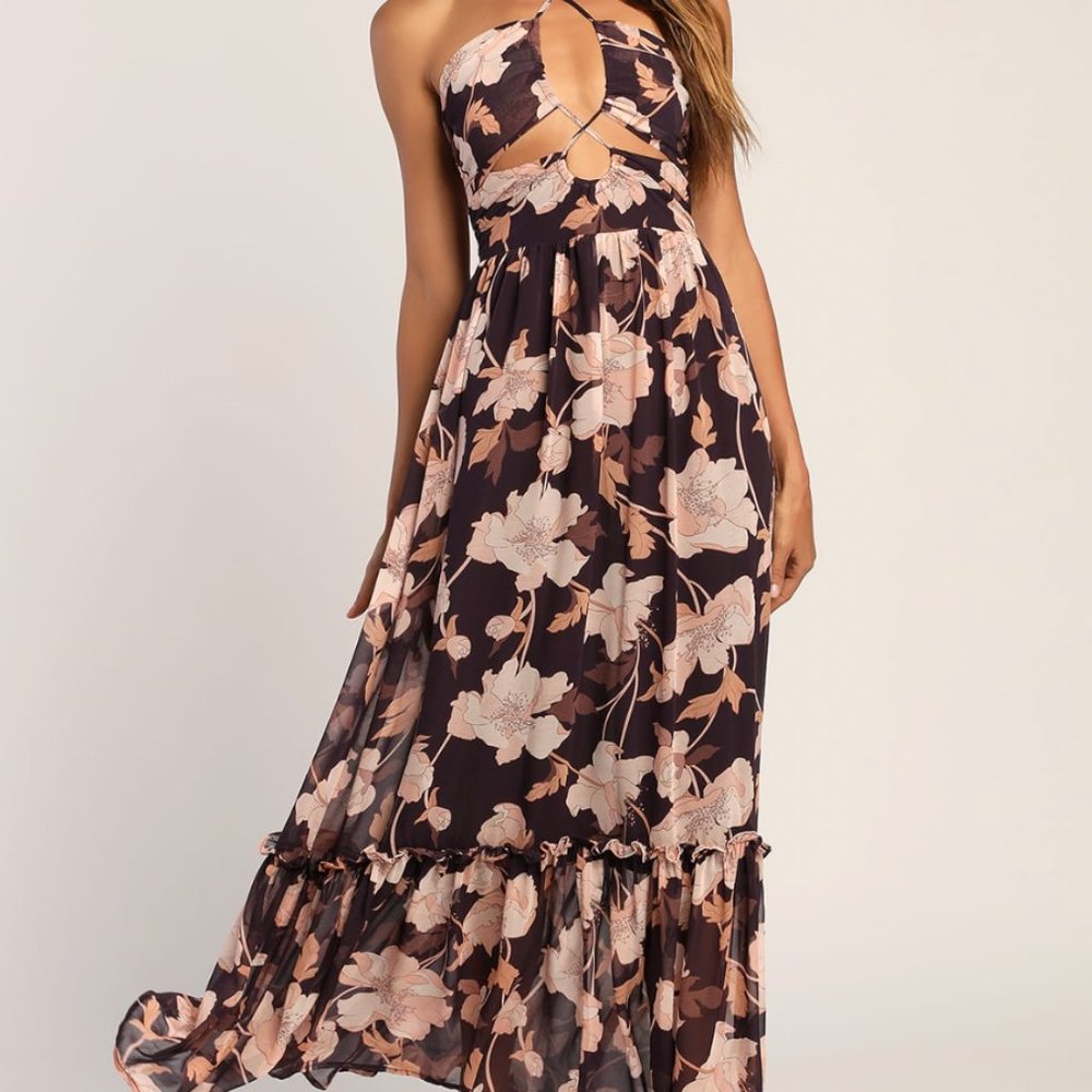 Blooming Elegance Purple Floral Cutout Halter Maxi Dress